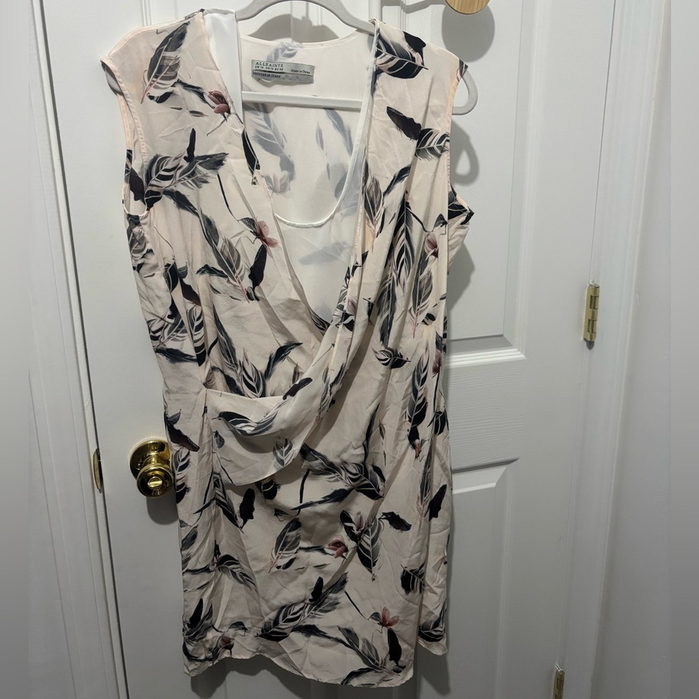 ❤️AllSaints 100% Silk Mini sheath Dress Multi Mini airie canna feather NWOT